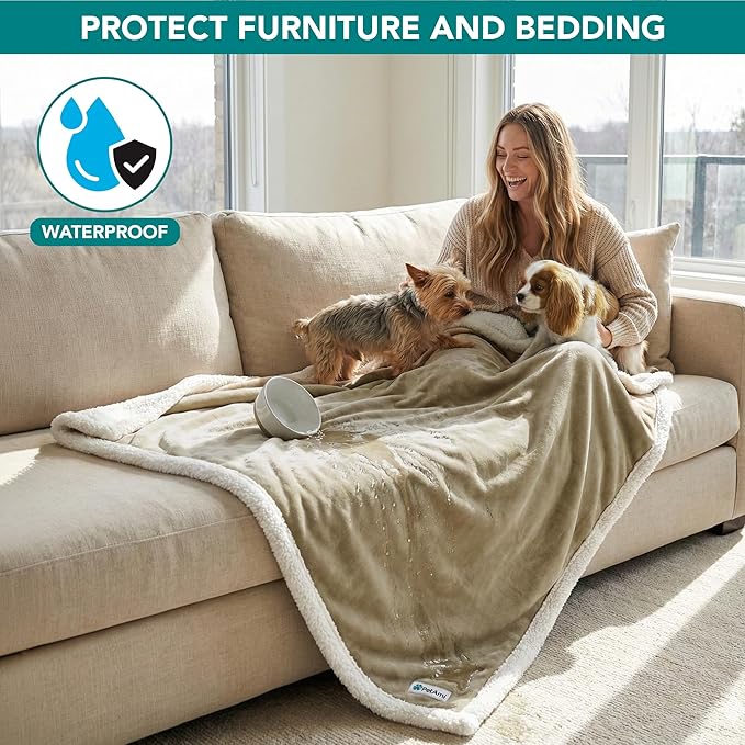 PetAmi Waterproof Dog Blanket for Medium Large XL Dog Puppy Cat Throw for Couch Cover Leakproof Protection, Sherpa Fleece, Reversible Soft Washable 80x60 Taupe