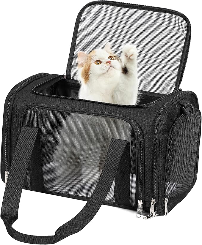 Discala Cat Dog Carrier Up to 15 Lbs TSA Airline Approved Pet Carrier for Small Medium Cats Puppies Dog Carriers for Small Dogs Collapsible Soft Sided Cat Travel Carrier - Black 15.7"x10.2"x10.2"