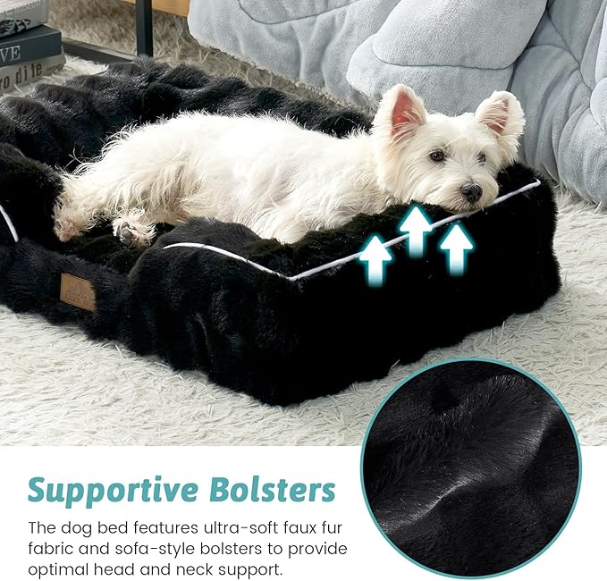 Orthopedic Dog Bed for Medium Small Size Dog, Soft and Warm Faux Fur Sofa for Pet Up to 40 lbs, Foam Bolster Anti-Slip Couch with Washable Removable Cover, M 30x20x6.5 inch, Black