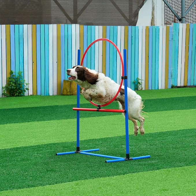 VEVOR Dog Agility Training Equipment, Dog Obstacle Course Backyard Set with Adjustable High Hurdles,6 Weave Poles,Extended Tunnel,Jump Ring,Pause Box,Whistle Foldable Bowl Training Pouch Storage Bag