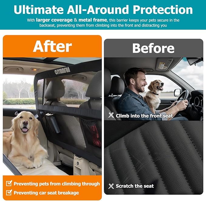 Dog Barrier for Car Back Seat & Cargo Area with Wider Coverage, Universal Fit for Cars, SUVs & Sedans, Dog Car Gate Divider with Chew-Proof Transparent Net and Sturdy Metal Frame for Backseat & Trunk