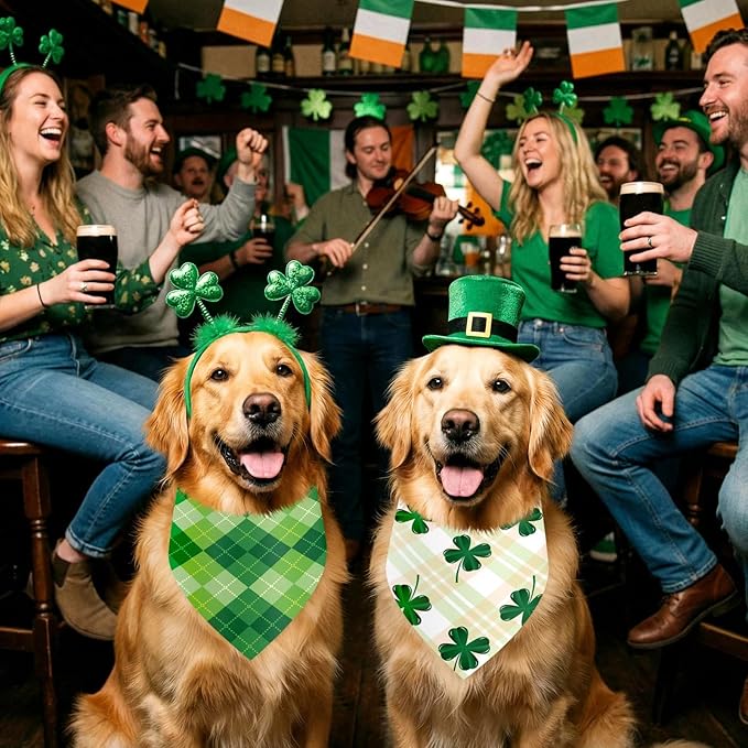 Weewooday 50 Pcs St Patricks Day Bandanas Bulk for Dogs Adjustable Irish Shamrocks Clover Green Plaid Triangle Soft Bibs Puppy Bandana for Small Medium Large Cat Pet Costume(31.5 x 21.7 X21.7 Inch)