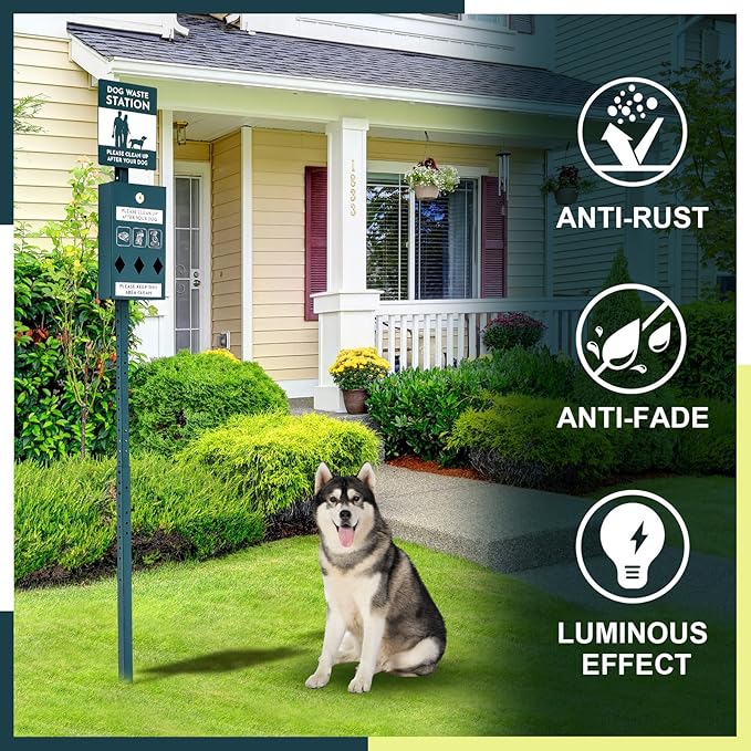 Qinyoung Dog Waste Station with Bags Galvanized Steel Outdoor Pet Bin Dispenser Reflective Sign Rust Proof System for Backyard Commercial Park(1 Pack)