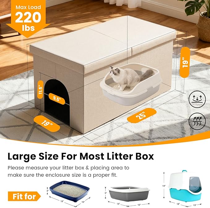 3-in-1 Cat Litter Box Enclosure with Odor Control, Multi-Functional Hidden Litter Box Furniture Bench, Dog Proof, Space-Saving Ottoman Cabinet with Flip-Up Lid, Storage Footrest, Beige