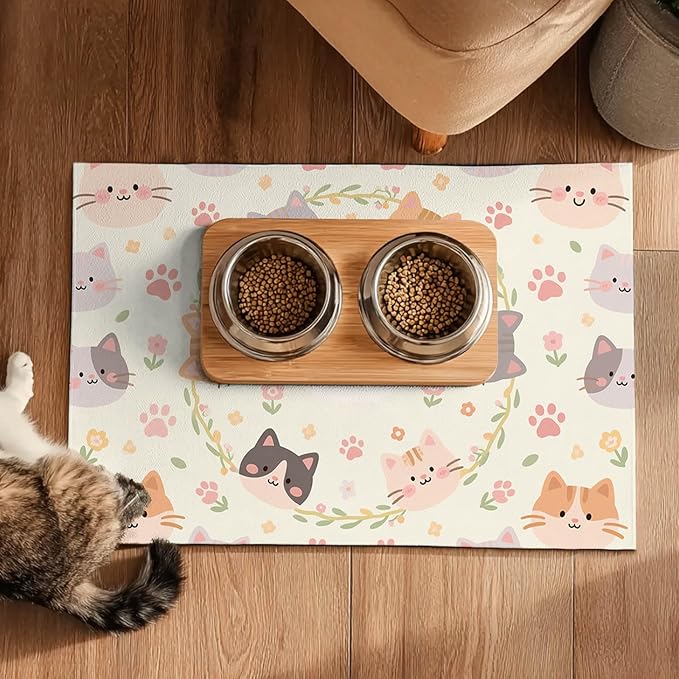 Cat Feedings Mats 20x12 inch Beige Cat Print Pet Bowl Placemat Non Slip Mat for Cats Food and Water Indoor Kitty Feeding Station Cute Cats Meal Mat for Small Pets Kitchen Floor Use
