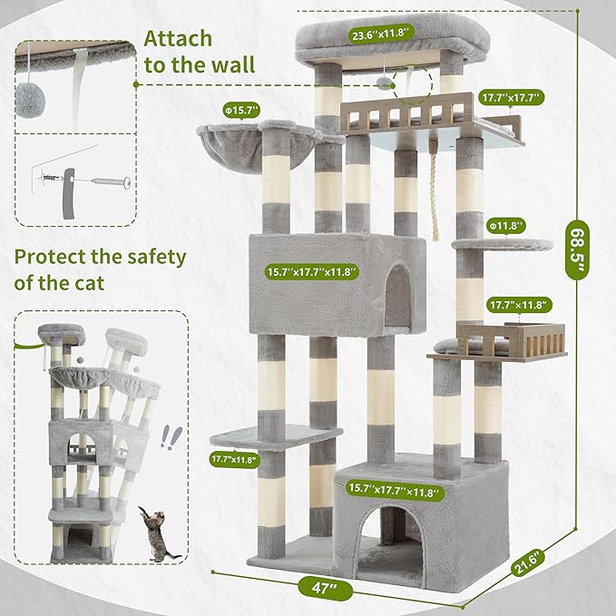 Maine Coon Cat Tree, Heavy Duty Cat Tree for Indoor Cats Large Adult, Cat Tower for Large Cats 20 lbs+ with Hammock, 2 Big Perches, 2 Cat Condos, 15 Scratching Posts, Light Gray GCT033W