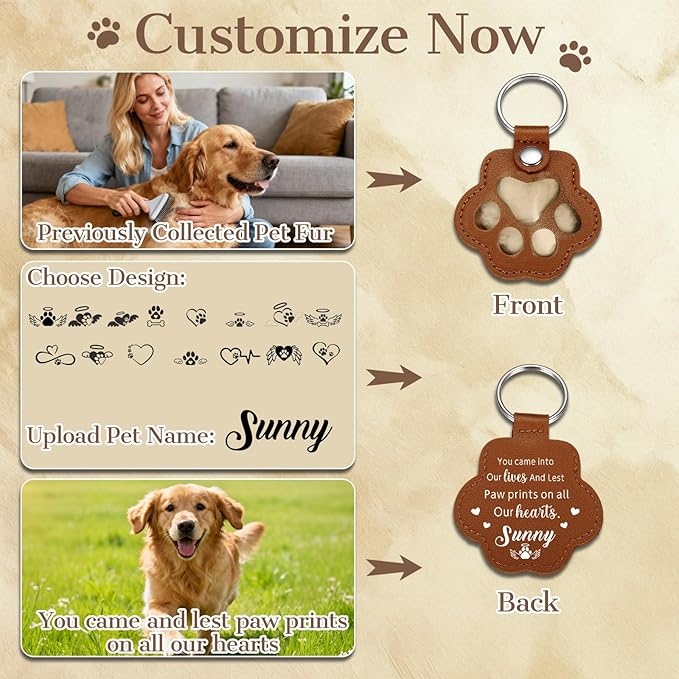 Eunigem Personalized Pet Hair Keychain for Dogs Cats-Custom Paw Keychains for Dog Hair-Shaped Leather Keychain,Pet Memorial Gifts Remembrance Accessory Refillable Keepsake for Bag or Key (Color-5)