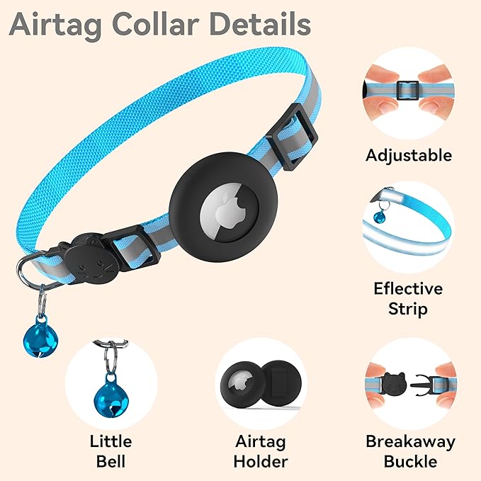Vanjua 2 Pack Airtag Cat Collar Breakaway with Bell, Reflective Kitten Collar with Air Tag Cat Collar Holder Case for Girl Boy Cats, Pet Supplies Accessories (Black A+Blue A)