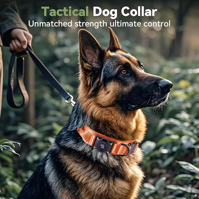 2026 Upgrade Waterproof AirTag Dog Collar, Military Tactical Dog Collar with AirTag Holder, Comfortable Control Handle and Metal Buckle, GPS Dog Collar Holder for Medium to Large Dogs (Orange,L)