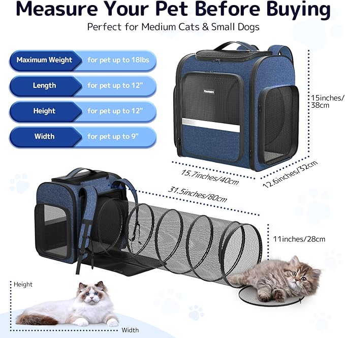 Cat Carrier Backpack with Detachable Play Tunnel, 2 in 1 Cat Tunnel Backpack Suitable for Carrying & Playing, Expandable Pet Carrier for Small Medium Kitten Puppy, Suitable for Travel Hiking Camping