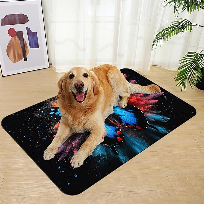 Blue Butterfly on Blooming Pet Feeding Mat– Christmas Stocking Quick Dry Absorbent Dog Cat Food Mat, Non Slip Waterproof Bowl Placemat for Messy Eaters, Pet Accessories for Floors 12"x20"