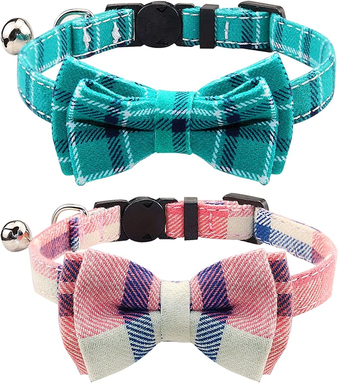 Joytale Upgraded Cat Collar with Bells, Breakaway Cat Collars with Bow Tie, 2 Pack Girl Boy Safety Plaid Kitten Collars, Pink+Teal