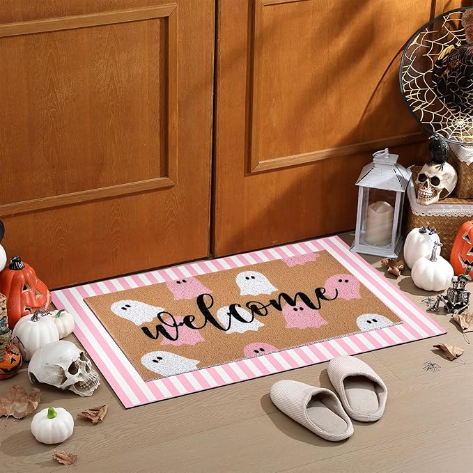 Tinideya 2 Pcs Door Mat Welcome Non Slip Coir Mats Floor Layering Doormats Seasonal for Front Porch Entryway Decor(Pink White Ghost)
