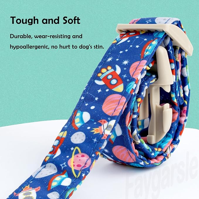 Faygarsle Space Theme Dog Collar, Navy Blue with Rockets and Planets Pattern for Summer Small Medium Large Dogs S