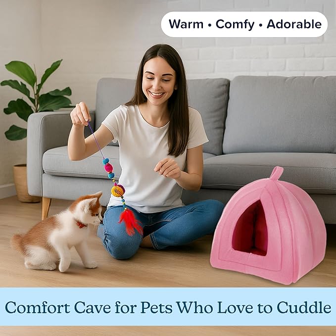 Cat House Indoor Cat Bed with Removable Foam Cushion, Plush Cat Tent Bed for Small Pets, Comfortable Cozy Hideaway for Cats, Kittens, Rabbits, Guinea Pigs, Ferrets, Hedgehogs, by PETMAKER