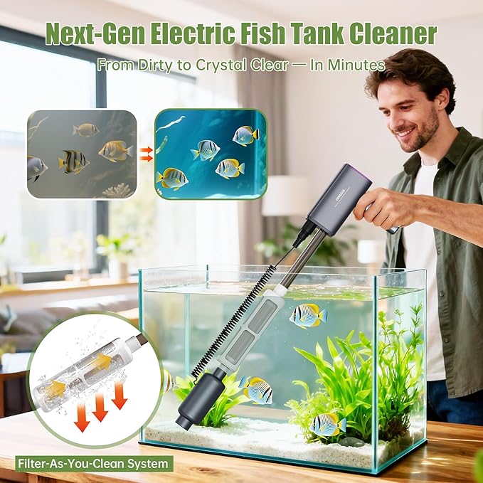 Cordless Aquarium Gravel Cleaner Vacuum: 6-in-1 Electric Fish Tank Cleaner, Rechargeable & Strong Suction Water Changer, Touch Control, Fits 5–150 Gallon Tanks