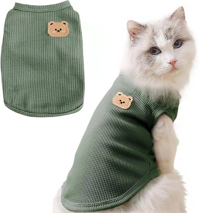 Waffle Knit Cat & Dog T Shirt for Small Dogs, Stretchable Puppy Shirt for Sphynx Cats & Small Breeds, Pet Clothes | Breathable Summer/Winter Apparel for Newborn(Green XLarge)