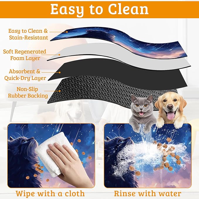 Cat Dog Food Mat,Starry Night Absorbent Pet Feeding Mat for Food and Water Bowl,Quick Dry Dog Placemat Non Slip Rubber Backing Waterproof Pet Supplies 12" x 20"