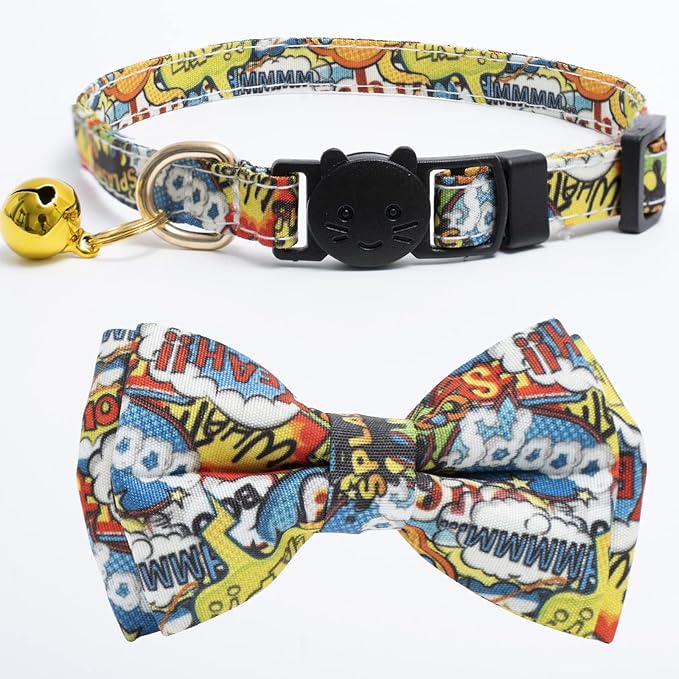 Faygarsle 2 Pack Cotton Designer Breakaway Cats Collar with Bow Tie and Bell Graffiti Style Cat Collars for Girl Female Boy Male Cat Collar with Bell Collars for Cats Purple Yellow