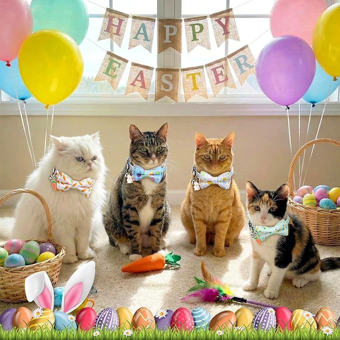 Hsei 6 Pcs Easter Cat Collar Bulk with Bow Tie Bell Spring Easter Eggs Carrots Bunny Rabbit Kitten Adjustable Breakaway Bowtie Collar for Boy Girl Cats Small Dog Pet Holiday Party Favors Gifts