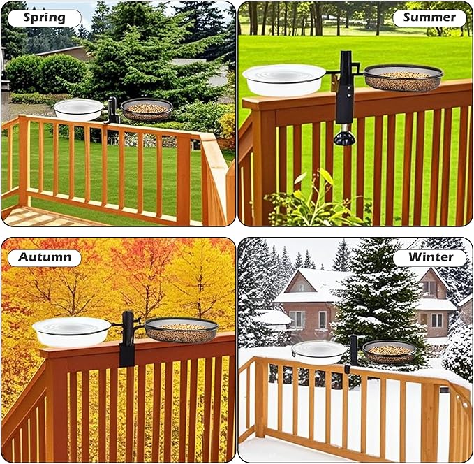 Bird Feeder Station with Metal Mesh Tray and Water Bowl for Outdoor Deck Railing Feeder Platform, Bird Bath and Bowl Replacement Accessory