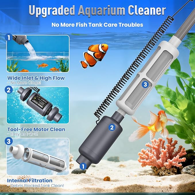 Electric Aquarium Vacuum Gravel Cleaner: Rechargeable Fish Tank Cleaner with 4 Adjustable Suction, Anti-Clog for Debris Clean & Sand Washing,Automatic Water Changer with 12V Safe for Small/Large Tank