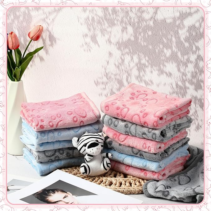 Tegeme 12 Pcs Pet Blankets Soft Fluffy Fleece Dog Cat Warm Paw Print Pattern Blankets Flannel Throw for Pets Dog Puppy Cat(23 x 16 Inch,Multicolor)