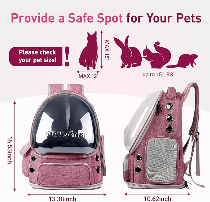Pawstrip Cat Backpack Carrier with Large Space Bubble Window, Airline Approved Breathable Pet Carrier for Small Dogs Cats up to 15lbs, Foldable for Travel Hiking & Outdoor Use