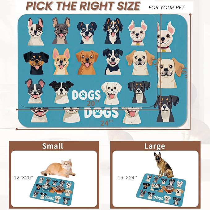 Cute Dog Cat Food Mat,Absorbent Pet Feeding Mat with Rubber Backing,Non-Slip Water Bowl Placemat,Indoor Pet Accessories Supplies 12"x20"