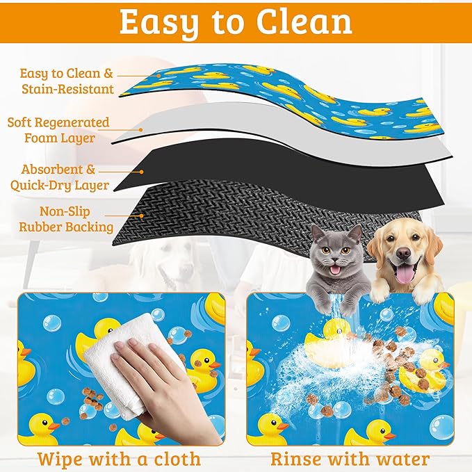 Yellow Rubber Ducks Dog Food Mat,Soap Bubbles Absorbent Pet Feeding Mat for Food and Water Bowl,Quick Dry Dog Placemat Non Slip Rubber Backing Waterproof Pet Supplies 12" x 20"