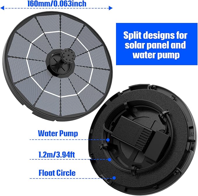 AISITIN DIY Solar Fountain Pump for Water Feature with 3.9ft Cord, Solar Bird Bath Fountain with 6 Nozzles, Solar Powered Water Floating Fountain for Bird Bath, Garden, Ponds Fish Tank, Outdoor