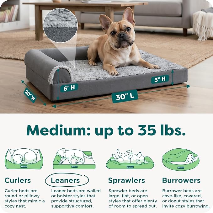 FurHaven Orthopedic Dog Bed for Medium Dogs, L-Shaped Chaise Mattress with Orthopedic Egg Crate & a Solid Orthopedic Foam Base for Joint Support, Washable Cover, Medium, Faux Fur & Suede, Stone Gray