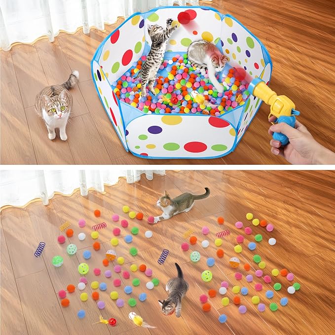 Palksky Interactive Cat Toys with Cat Ball Pit, Toy Balls, Ball Launcher, Spring Toys for Bored Indoor Cats Self Play, Enrichment Toy for Fun and Exercise