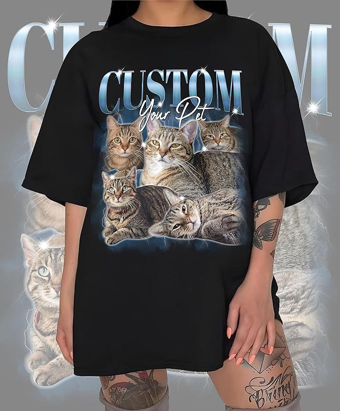 AWE-CREATIVES Custom Bootleg Shirts - Pet & Cat Vintage Washed Tees, Photo & Text Personalized