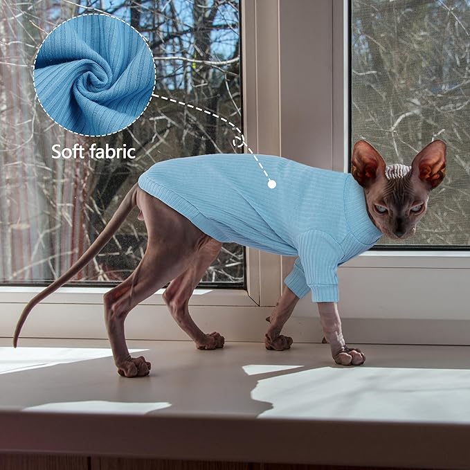 PUMYPOREITY Cat Clothes, Stretchy Cat Shirt, Cat Sweater with Sleeves, Sphynx Cat Clothes, Soft Cat Shirts for Cats Only, Pullover Cat Pajama for Sphynx Hairless Cat, Devon Rex, Blue, S
