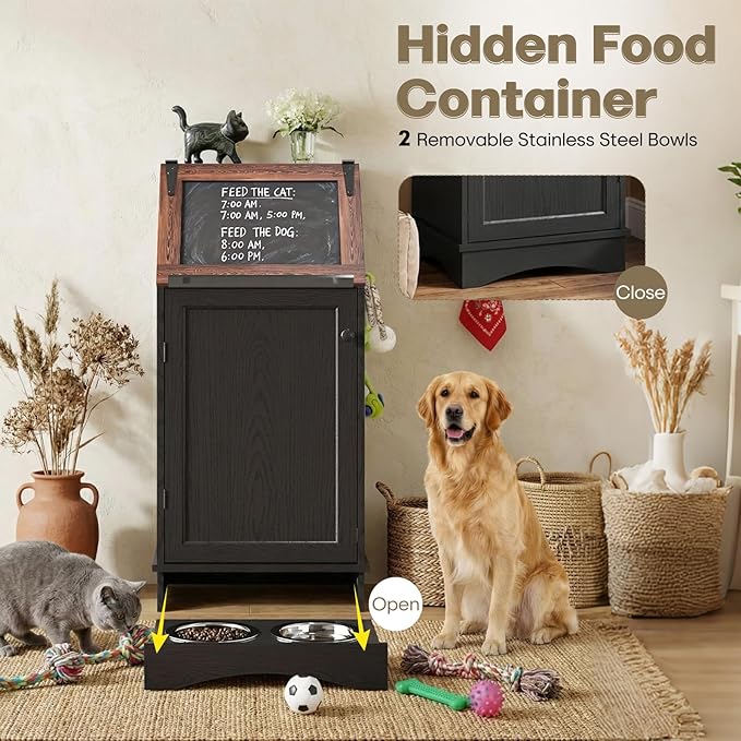 Flip-Top Dog Feeding Station, Dog Food Cabinet with Storage, Dog Food Station with Hidden Feeding Bowls, Pet Storage Cabinet, Dog Storage Organizer, Pet Food Holder, Black Oak Grain