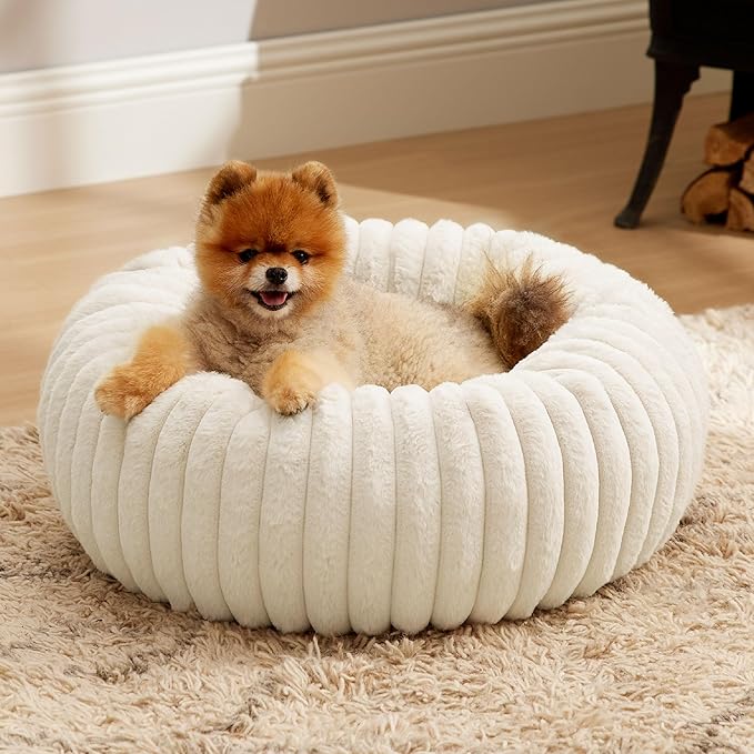 Bedsure ComfyFleece™ Donut Small Dog Bed - Dog Beds for Small Dogs with Corduroy Fleece & Anti Slip Bottom, Round Faux Fur Pet Beds with Washable Removable Cover, Cream, 23x23x7 inches