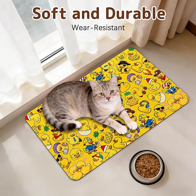 Dog Food Mat for Bowls, Absorbent Quick Dry Dog Cat Mats for Food and Water, Non-Slip Backing Pet Mat Pet Supplies - Duck Pattern