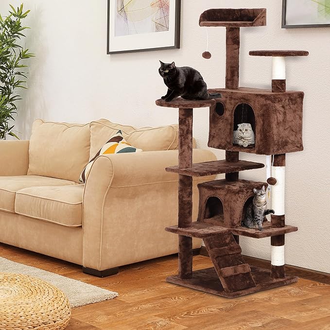 54-Inch Cat Tree for Large Cats, Sturdy Multi-Level Cat Tower with 2 Condos, Hanging Ball and Sisal Scratching Posts, Durable Cat Furniture for Indoor Cats (Brown)