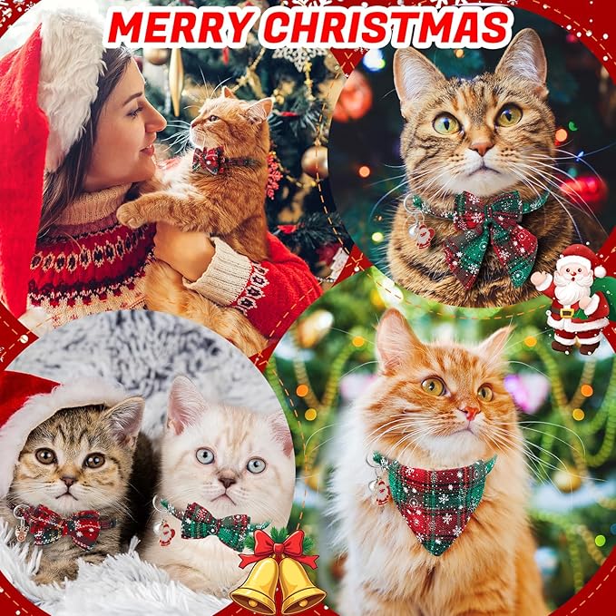 6 Pack Christmas Cat Collar with Bow Tie Bandana and Bell, Breakaway Adjustable Cat Bow Tie Collars, Xmas Accessories for Kittens Or Certain Puppies