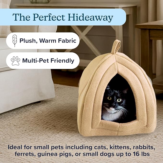 Cat House Indoor Cat Bed with Removable Foam Cushion, Plush Cat Tent Bed for Small Pets, Comfortable Cozy Hideaway for Cats, Kittens, Rabbits, Guinea Pigs, Ferrets, Hedgehogs, by PETMAKER