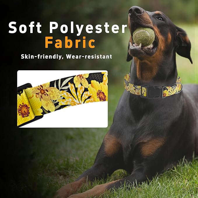 Dog Collar for Boys & Girls, Adjustable Soft Pattern Pet Collar with Safety Buckle for Small to Large Dogs (Yellow Floral, L)