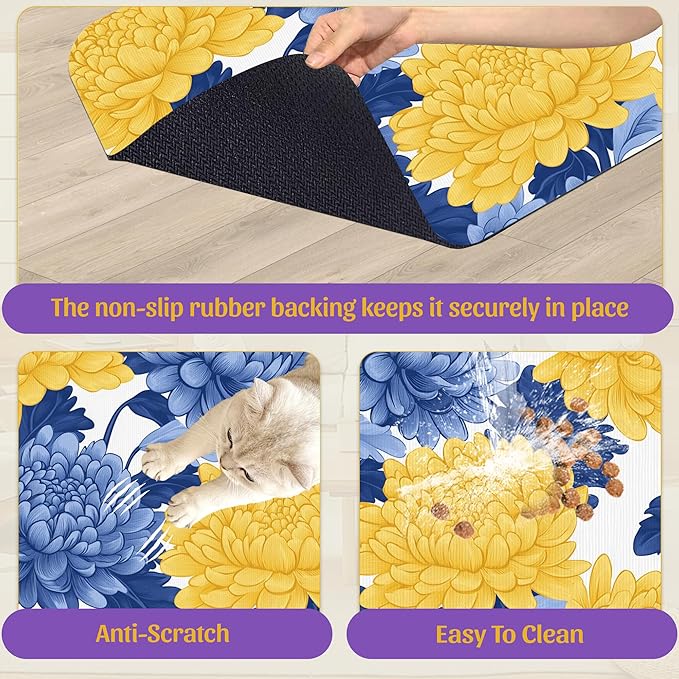 Blue Yellow Flowers Pet Feeding Mat, Quick Dry Absorbent Water Bowl Mat for Dogs and Cats, Anti-Slip Bottom, Indoor Use – 12x20 Inch