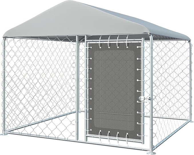 6FT x 6FT Outdoor Dog Kennel with Roof, Outside Dog Run Fence, Large Dog House Pen Enclosure with Secure Lock&Textilene Door