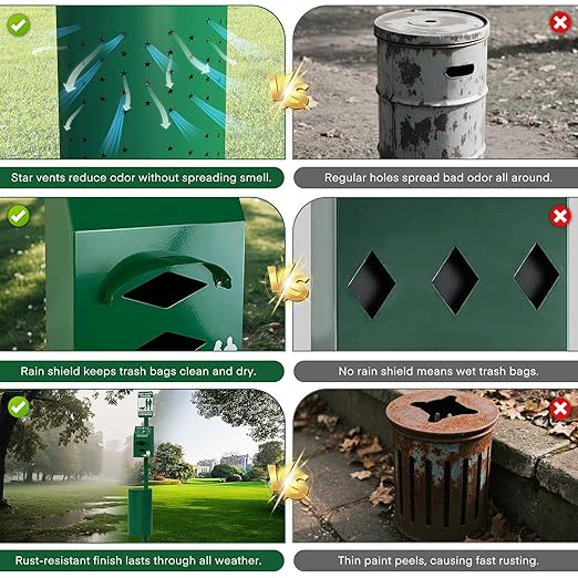 Dog Poop Trash Can Outside for HOA Communities, Durable Rust Proof Aluminum Dog Waste Station – 10 Gallon Outdoor Trash Can with Lid & Reflective Sign for Yard, Dog Park