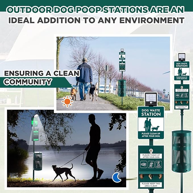 Dog Waste Station with Solar Panels Outdoor LED Galvanized Steel Dog Trash Bin Dispenser Light up at Night Rust Proof Pet Trash Station for Commercial Park Backyard(Classic)