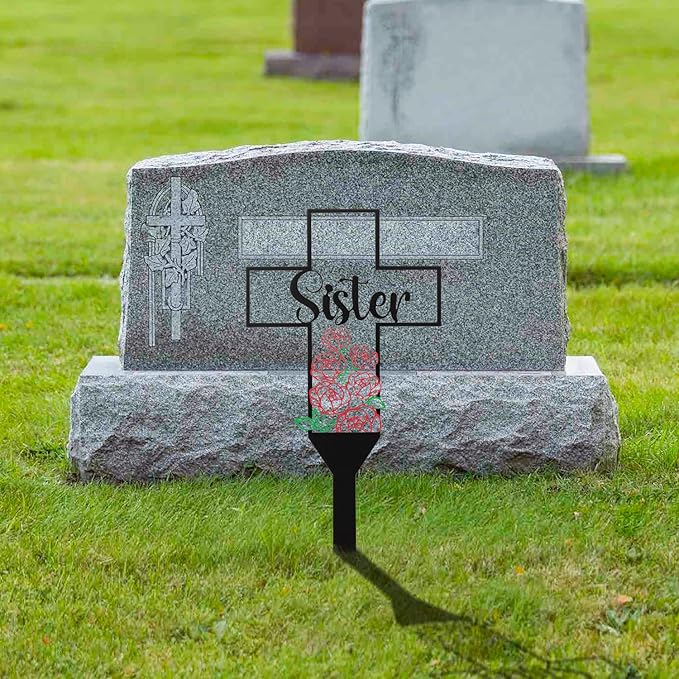 BUoonyer Sister Memorial Graves Markers Cemetery Decorations, Metal Cross Stakes Grave Stones Cemetery Headstones Decor, Girls Graveyard Remembrance Graveside Sign for Garden Outdoor Outside Yard