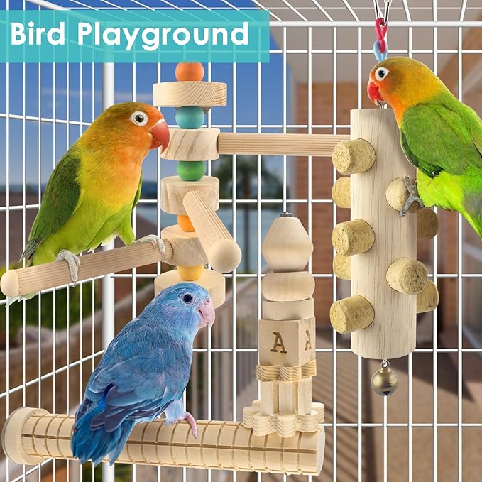 3pcs Natural Wood Bird Perch Toys, Rotating Perch Stand, L-Shaped Perches with Chew Block, Hanging Cork Stopper Toy, Birdcage Accessories for Small Medium Parrots Cockatiels Quaker Caique