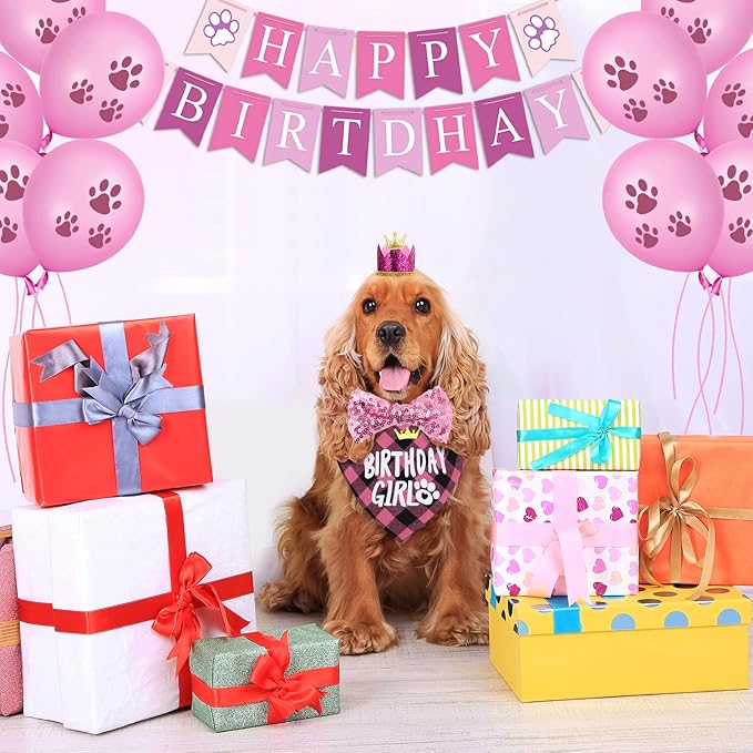 Dog Birthday Party Supplies, Dog Birthday Hat Bandana Scarf with Cute Bow Tie, Flag, Balloons for Small Medium Dogs Pets, Doggie Party Supplies Decorations