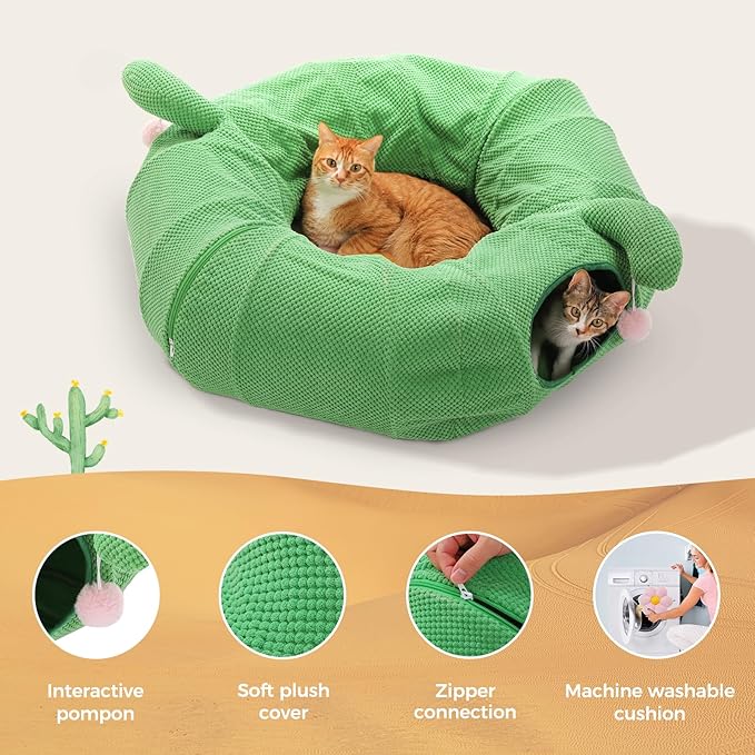 PEQULTI Cat Tunnel with Bed for Indoor Cats, Cat Play Donut Tunnel with Washable Soft Plush Flower Mat, Round Tube Toys Cute Tube for Kittens, Puppies, Rabbits and Ferrets, Green&Pink